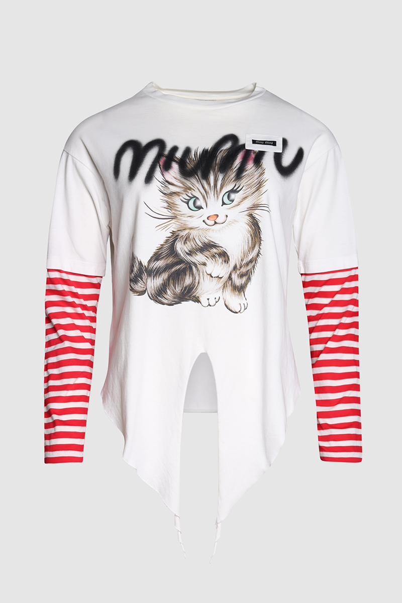 T-Shirt With Kittens Print And Knot In White