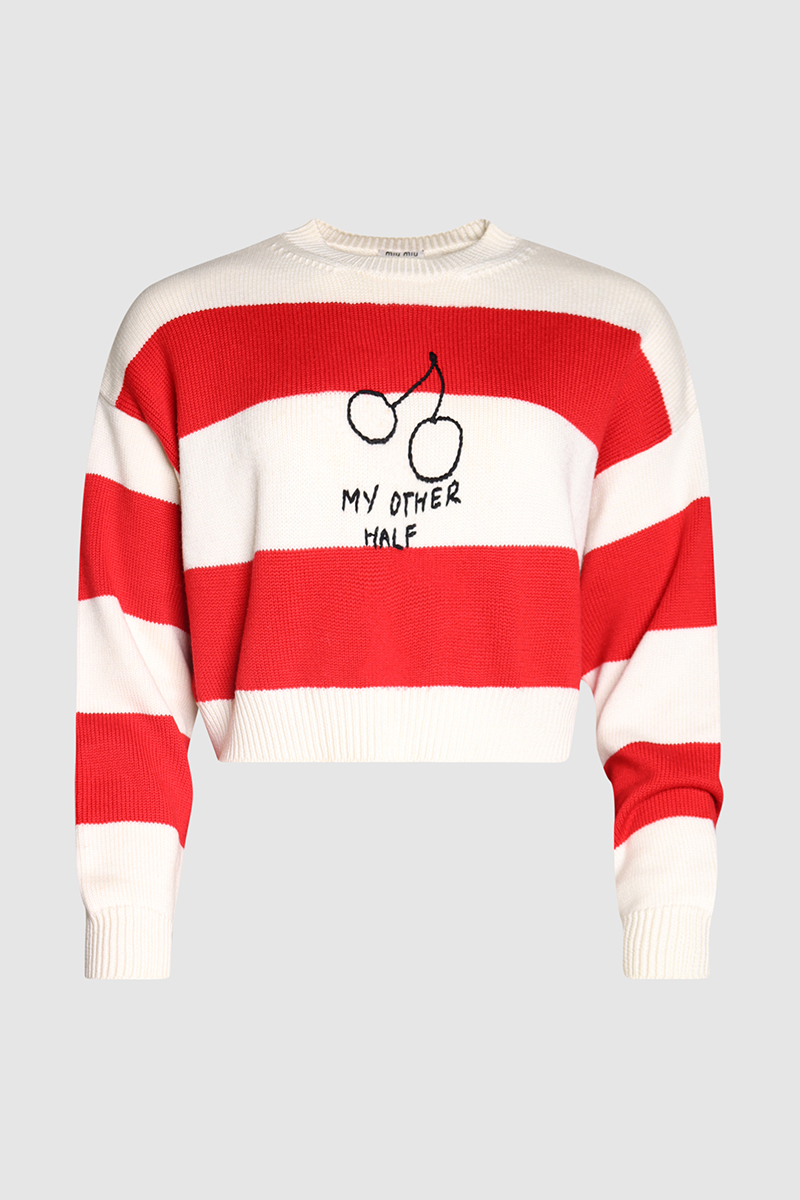 Cherries Embroidered Striped Jumper In Red