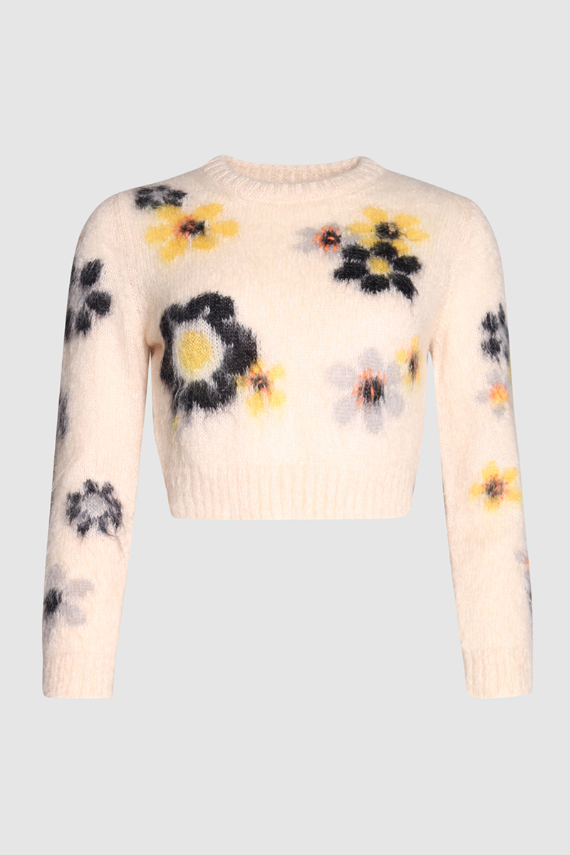 Intarsia Knit Floral Cropped Sweater