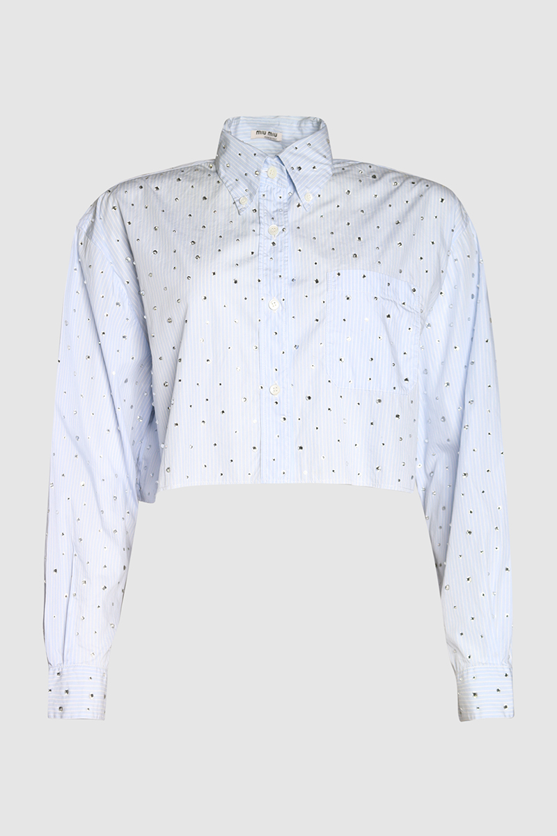 Crystal Embellished Pinstripe Cropped Shirt