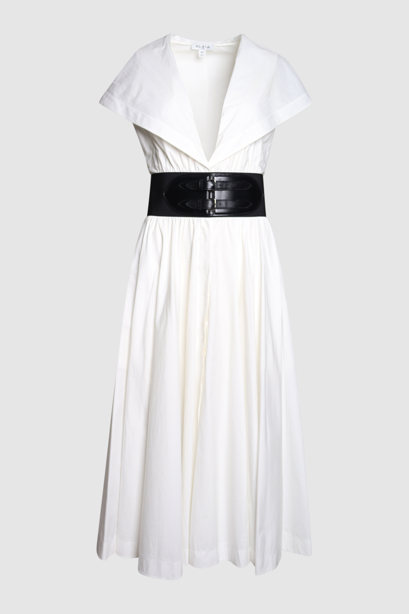 Archetypes Cape-Effect Belted Leather Trimmed Cotton oplin Midi Dress