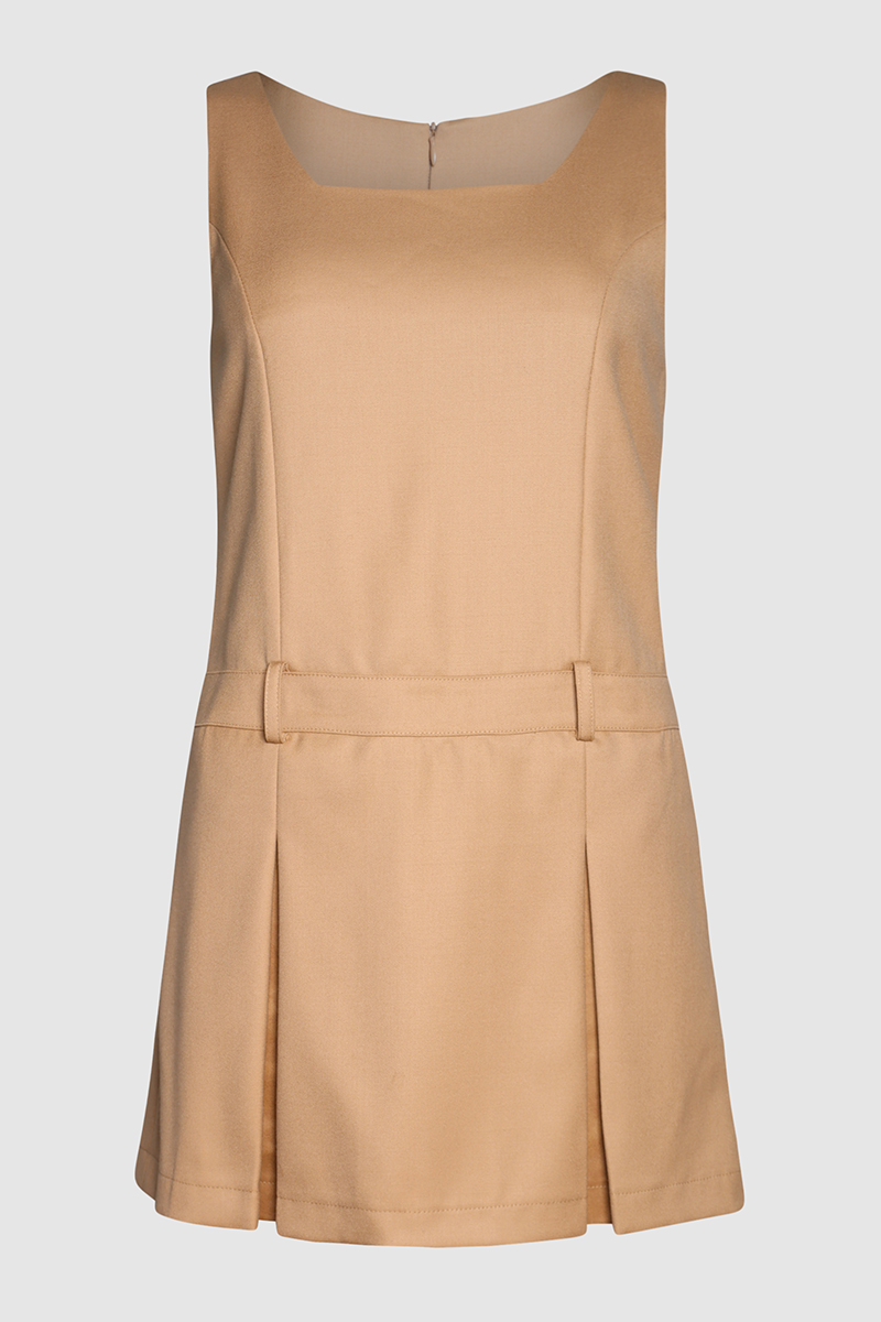 Neutral Pleated Wool Mini Dress