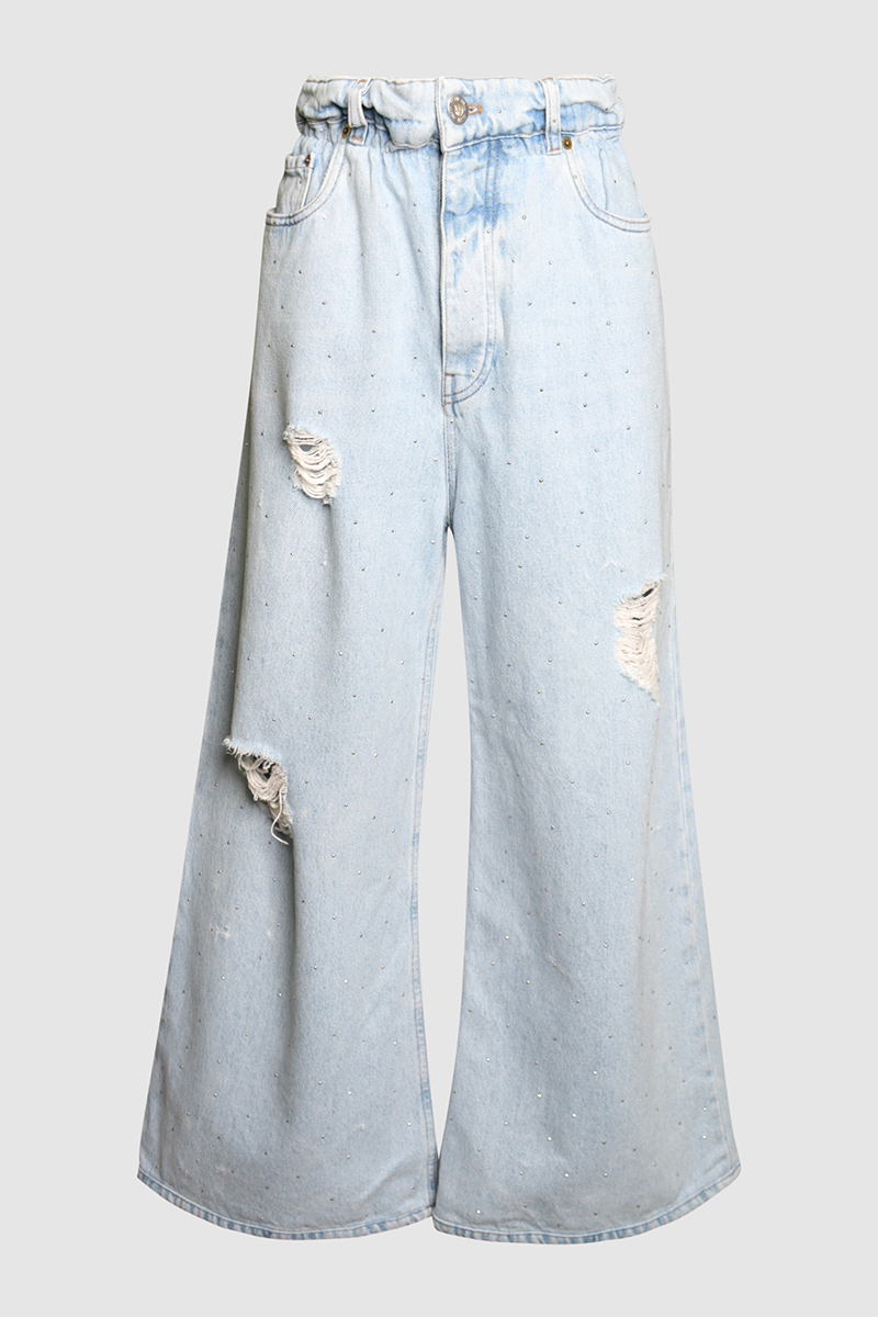 Crystal Embellished High Rise Wide Leg Jean