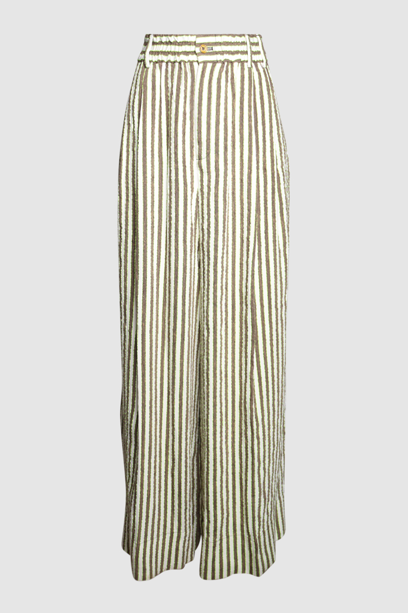 Pleated Striped Seersucker Wide Leg Pants