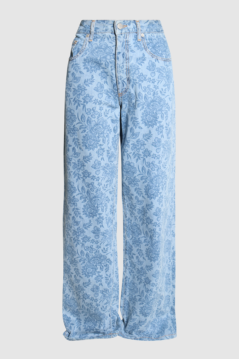 Flower Printed Denim Wide Jeans