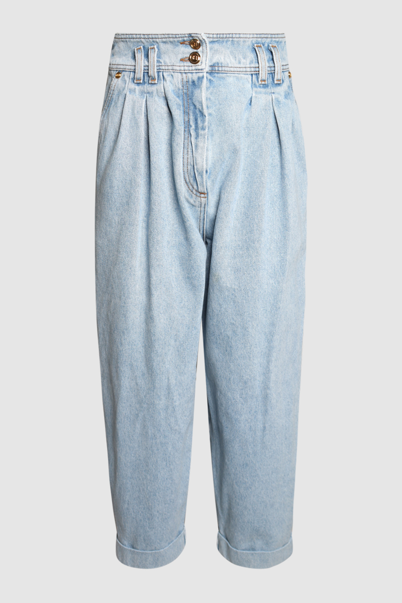 Belted Cotton Denim Boyfriend Jeans