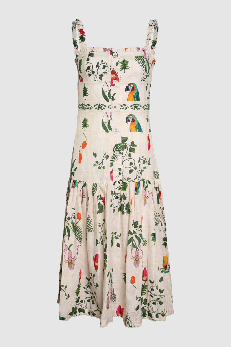 Nispero Boquet Floral Linen Dress