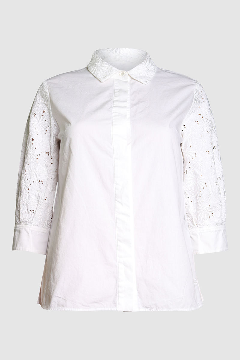 Cotton Blouse with Eyelet Lace Sleeves