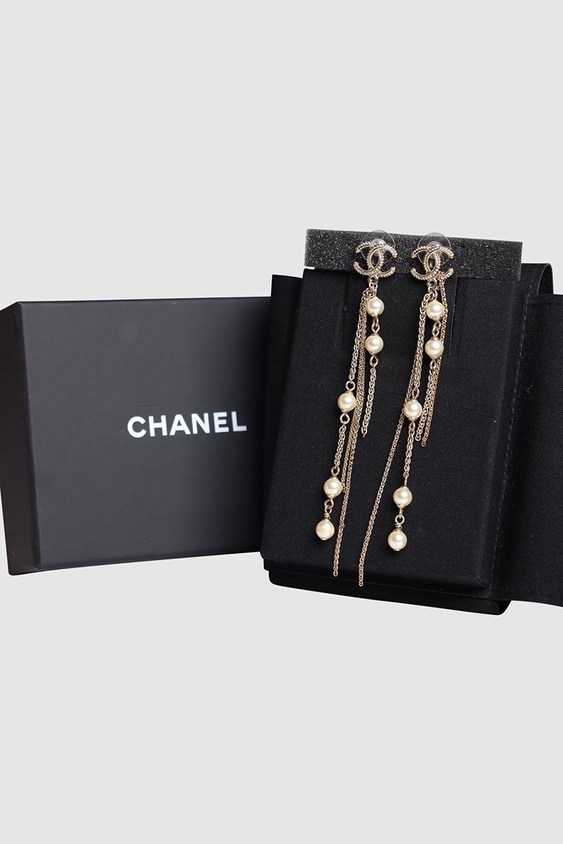 Gold Faux Pearl CC Chain Drop Dangle Earrings