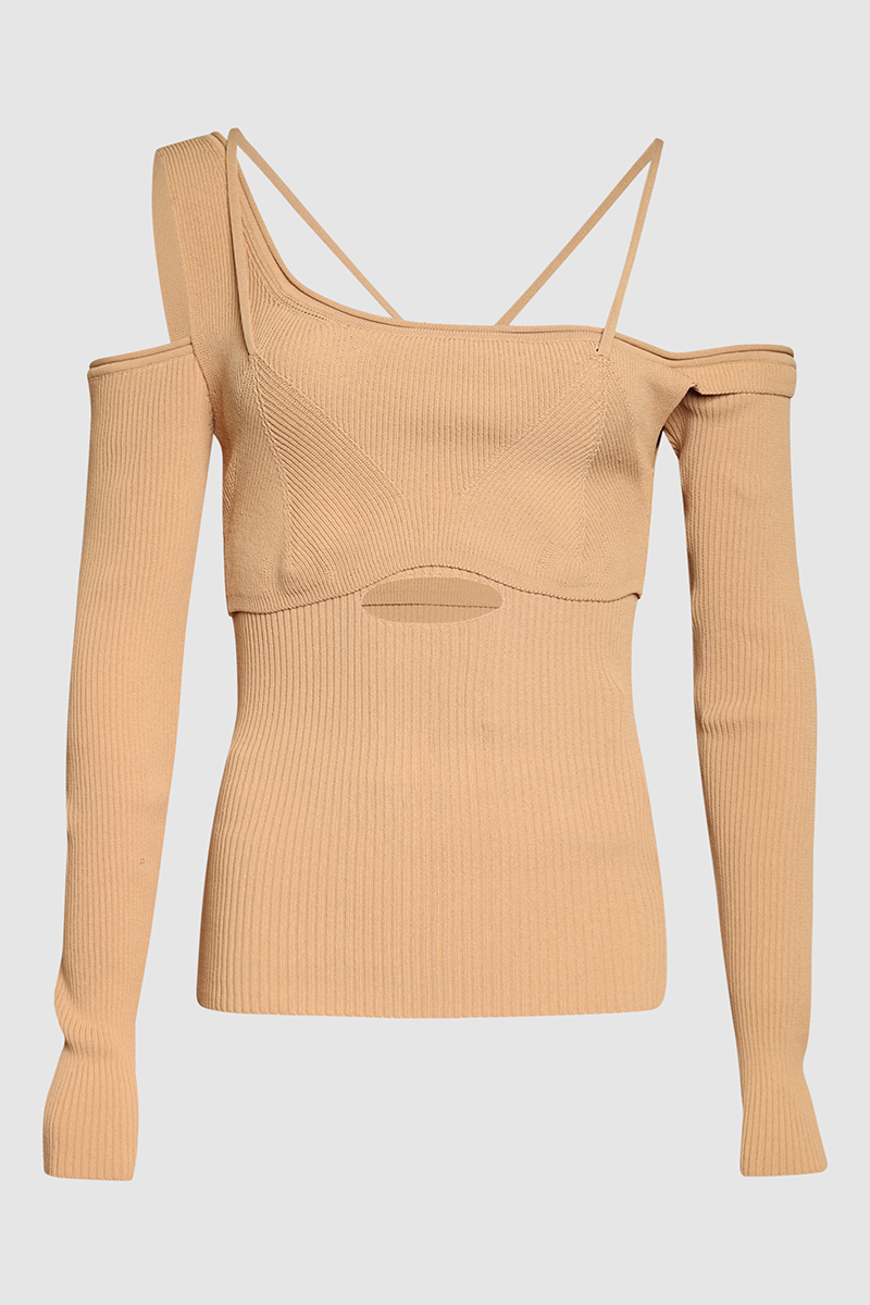 La Maille Cold-Shoulder Ribbed Knit Top