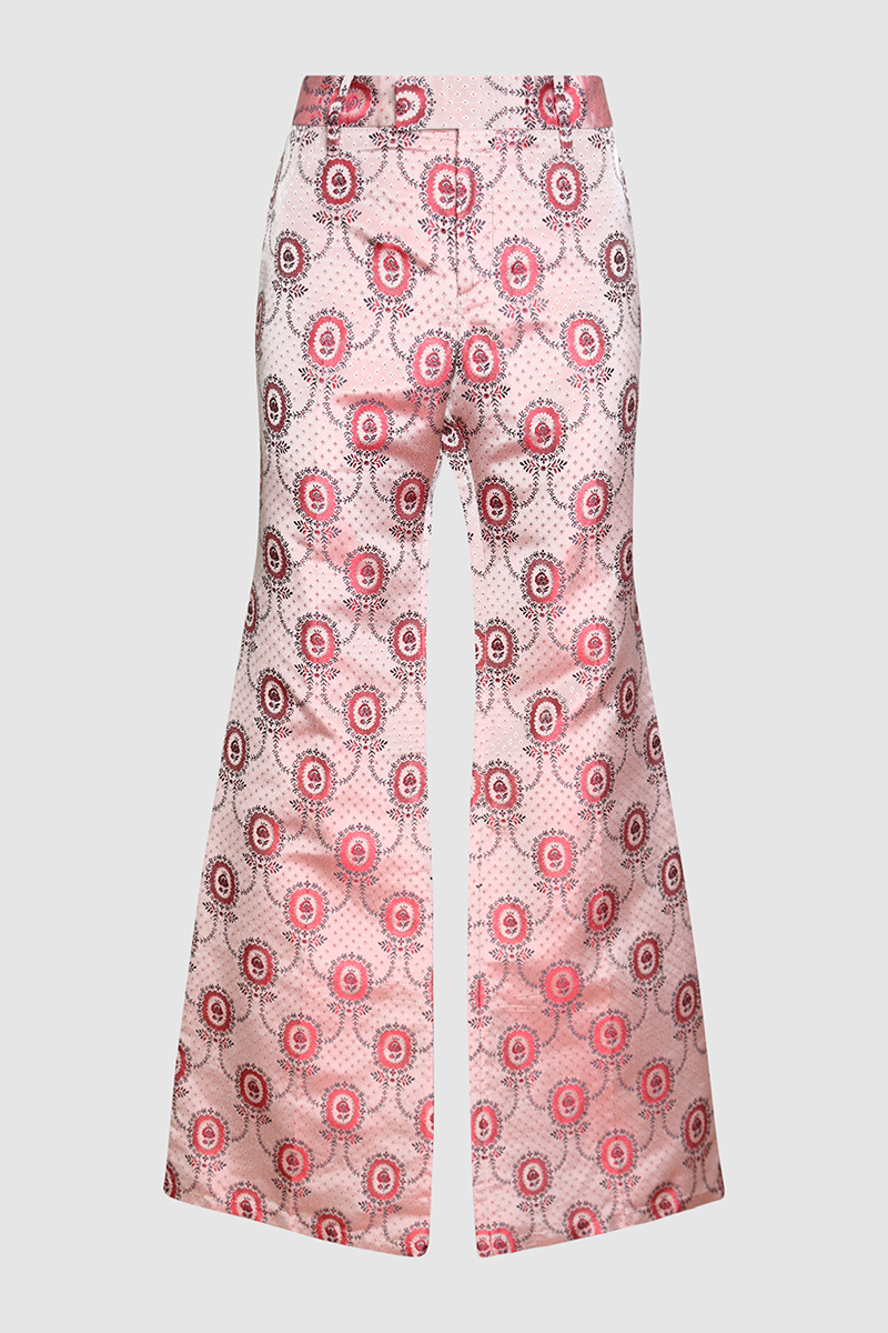 Embroided Flower Silk Print Pants