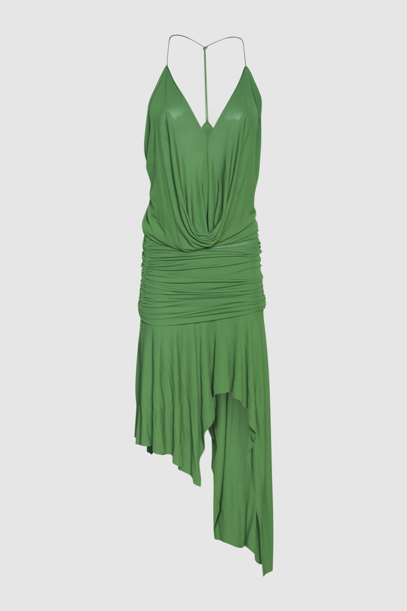 Gathered Asymmetric Jersey Midi Dress